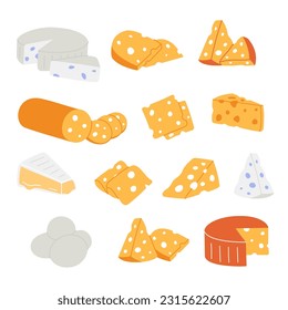 Different kinds of cheese. Pieces of cheese with internal holes. Cheddar, camembert, brick, mozzarella, maasdam, roquefort, gouda, feta, parmesan.