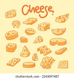 Different kinds of cheese. Different types of cheese pieces, popular kind of cheese vector Illustrations