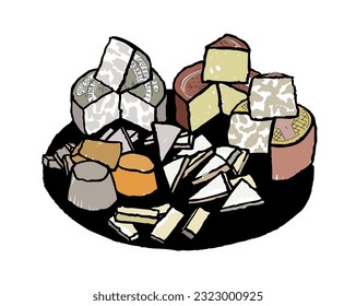 Different kinds of cheeses cut into portions. Diary. Asturias food. Colorful cartoon hand drawn style vector illustration isolated on white background.