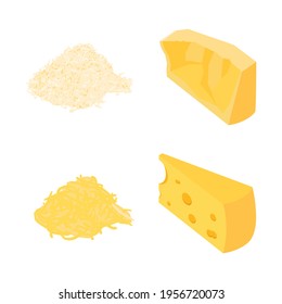 Different kinds of cheeses. Grated cheese isolated on white background. Isometric view. Vector