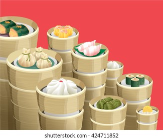 Different kinds of Chinese dimsum inside bamboo steamer basket