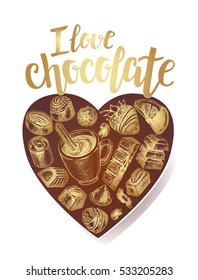 Different kinds of chocolate and assorted candies on heart-shaped background. Vector hand drawn illustration with modern calligraphy brush lettering. Template for cards, leaflets, posters, flyers.