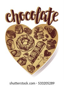 Different kinds of chocolate and assorted candies on heart-shaped background. Vector hand drawn illustration with modern calligraphy brush lettering. Template for cards, leaflets, posters, flyers.