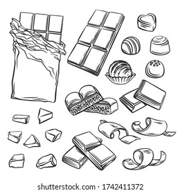 Different kinds of chocolate vector illustration. Drawn chocolate bars, candies, chips and porous.
