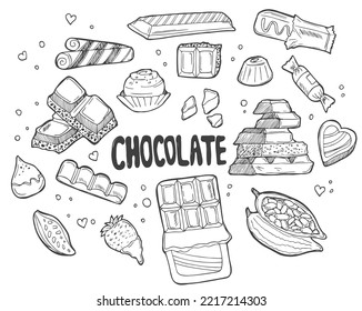 Different kinds of chocolate vector illustration. Drawn chocolate bars, candies, chips and porous.