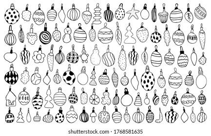 Different kinds of Christmas balls in doodle style. New Year ornament decorations. Vector stock illustration.