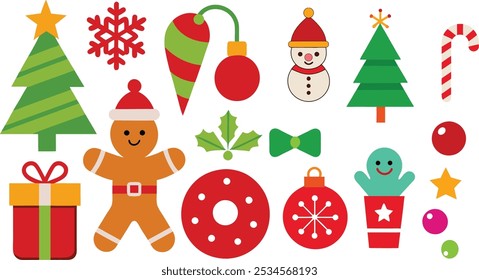 "Different Kinds of Christmas Ornament Vector Illustration" showcases a variety of festive decorations, including baubles, stars, candy canes, and snowflakes. 