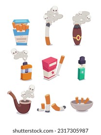 Different kinds of cigarettes vector illustrations set. Collection of drawings of cigarettes, e-cigarettes, pipe, burnt cigarettes, cigar, packages, ashtray and smoke. Bad habits, smoking concept