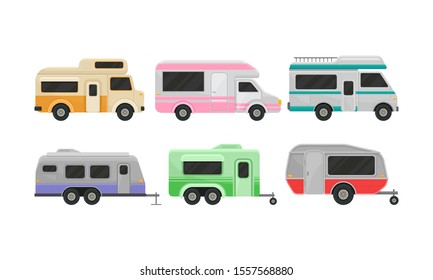 Different Kinds Of Classic Camper Vans And Trailers Vector Illustration Set