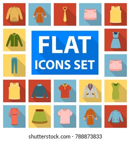 Different kinds of clothes flat icons in set collection for design. Clothes and style vector symbol stock web illustration.