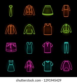 Different kinds of clothes neon icons in set collection for design. Clothes and style vector symbol stock web illustration.