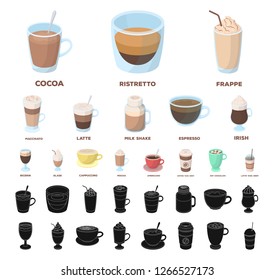 Different kinds of coffee cartoon, black icons in set collection for design. Coffee drink vector symbol stock web illustration.
