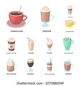 Different kinds of coffee cartoon icons in set collection for design. Coffee drink vector symbol stock web illustration.
