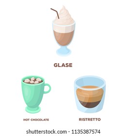 Different kinds of coffee cartoon icons in set collection for design. Coffee drink vector symbol stock web illustration.