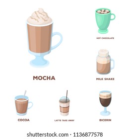 Different kinds of coffee cartoon icons in set collection for design. Coffee drink vector symbol stock web illustration.