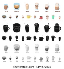 Different kinds of coffee cartoon icons in set collection for design. Coffee drink vector symbol stock web illustration.