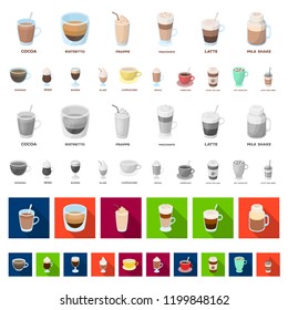 Different kinds of coffee cartoon icons in set collection for design. Coffee drink vector symbol stock web illustration.