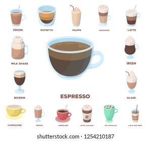 Different kinds of coffee cartoon icons in set collection for design. Coffee drink vector symbol stock web illustration.