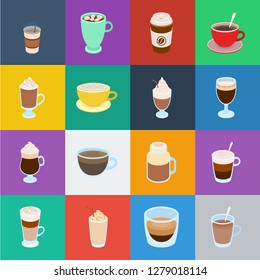 Different kinds of coffee cartoon icons in set collection for design. Coffee drink vector symbol stock web illustration.