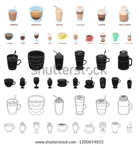 Different kinds of coffee cartoon icons in set collection for design. Coffee drink vector symbol stock web illustration.