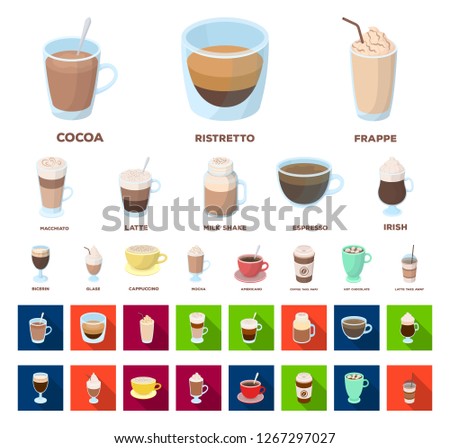 Different kinds of coffee cartoon,flat icons in set collection for design. Coffee drink vector symbol stock web illustration.