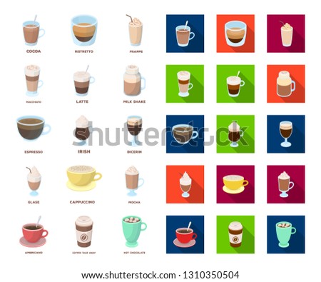 Different kinds of coffee cartoon,flat icons in set collection for design. Coffee drink vector symbol stock web illustration.