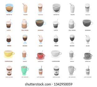 Different kinds of coffee cartoon,mono icons in set collection for design. Coffee drink vector symbol stock web illustration.