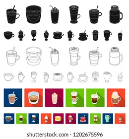 Different kinds of coffee flat icons in set collection for design. Coffee drink vector symbol stock web illustration.