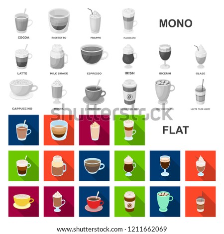 Different kinds of coffee flat icons in set collection for design. Coffee drink vector symbol stock web illustration.