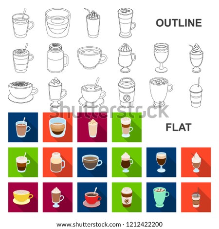 Different kinds of coffee flat icons in set collection for design. Coffee drink vector symbol stock web illustration.