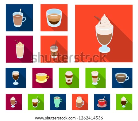 Different kinds of coffee flat icons in set collection for design. Coffee drink vector symbol stock web illustration.