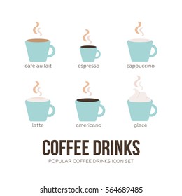 Different kinds of coffee icon set. Flat abstract illustration in pastel colors