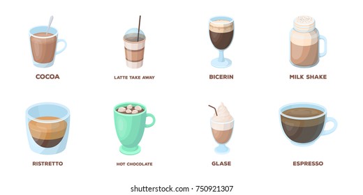 Different kinds of coffee icons in set collection for design. Coffee drink vector symbol stock  illustration.