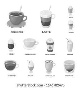 Different kinds of coffee monochrome icons in set collection for design. Coffee drink vector symbol stock web illustration.
