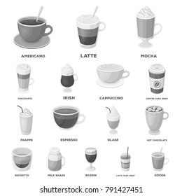 Different kinds of coffee monochrome icons in set collection for design. Coffee drink vector symbol stock web illustration.