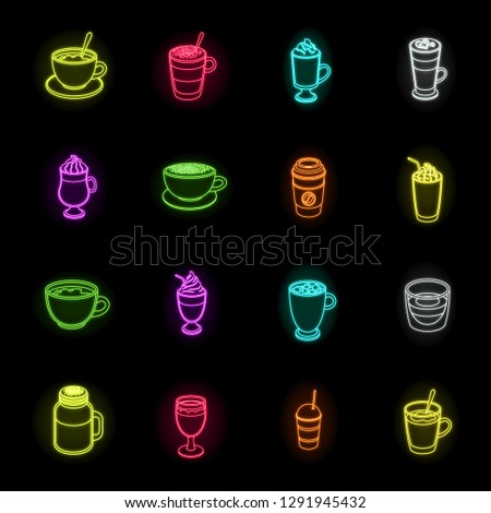 Different kinds of coffee neon icons in set collection for design. Coffee drink vector symbol stock web illustration.
