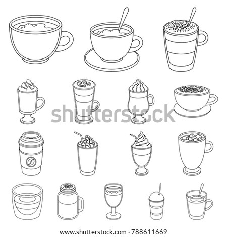 Different kinds of coffee outline icons in set collection for design. Coffee drink vector symbol stock web illustration.