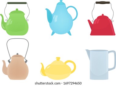 Different kinds of colorful kettles and teapots vector illustration