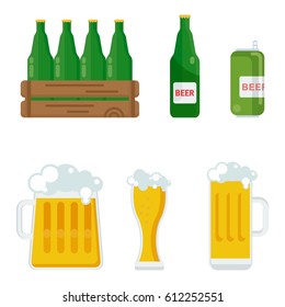 Different kinds of containers for bottling and storing beer. Packaging for gifts, parcels and goods. Flat vector cartoon illustration. Objects isolated on a white background.