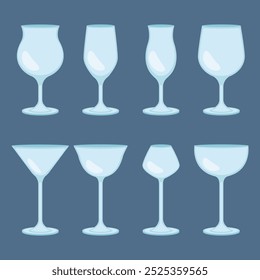 Diferentes tipos de vasos de cristal y copa, Ilustración vectorial