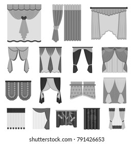 Different kinds of curtains monochrome icons in set collection for design. Curtains and lambrequins vector symbol stock web illustration.
