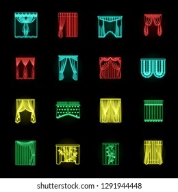 Different kinds of curtains neon icons in set collection for design. Curtains and lambrequins vector symbol stock web illustration.