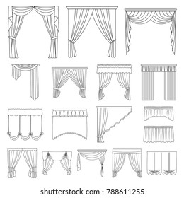 Different kinds of curtains outline icons in set collection for design. Curtains and lambrequins vector symbol stock web illustration.