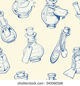 Different kinds of decorative bottles. Collection of hand-drawn bottles. Retro vintage style design. Seamless pattern, vector illustration.