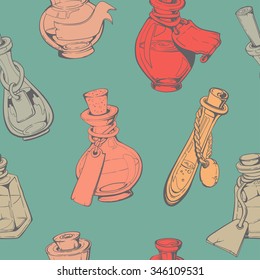 Different kinds of decorative bottles. Collection of hand-drawn bottles . Retro vintage style food design. Seamless pattern.Vector illustration.