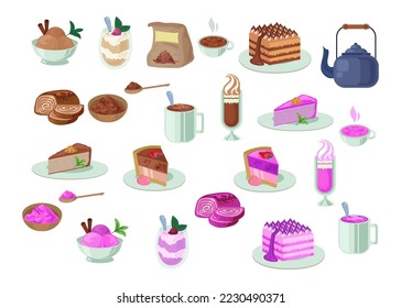 Different kinds of dessert vector illustration set. Cakes, ice cream, cakes, cupcakes, rolls, tea, coffee isolated on white background. Dessert concept.