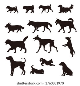 Different kinds of dog silhouette, Shiba, Akita, Golden retreaver, Beagle, German Shepherd, Golden Retriever, Jack Russell Terrier, Corgi, Hound dog, Pug, Dalmatian, Dachshund