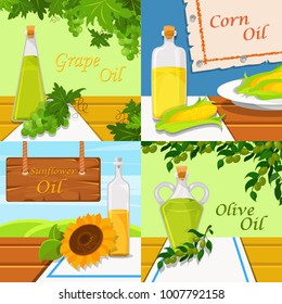 Different kinds of edible vegetable food oils. Grape, corn, sunflower and olive oil vector illustrations, design element for poster or banner