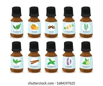 Different kinds of essential oils in brown translucent bottles