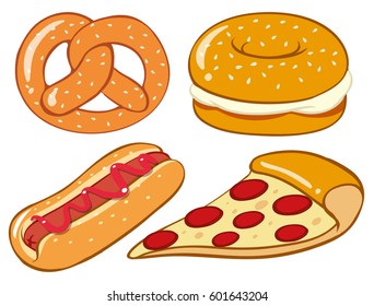 Different kinds of fastfood made with bread illustration